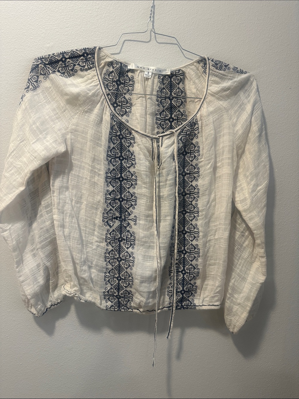 Max Studio Ivory Tunic Blouse with Navy Embroidery